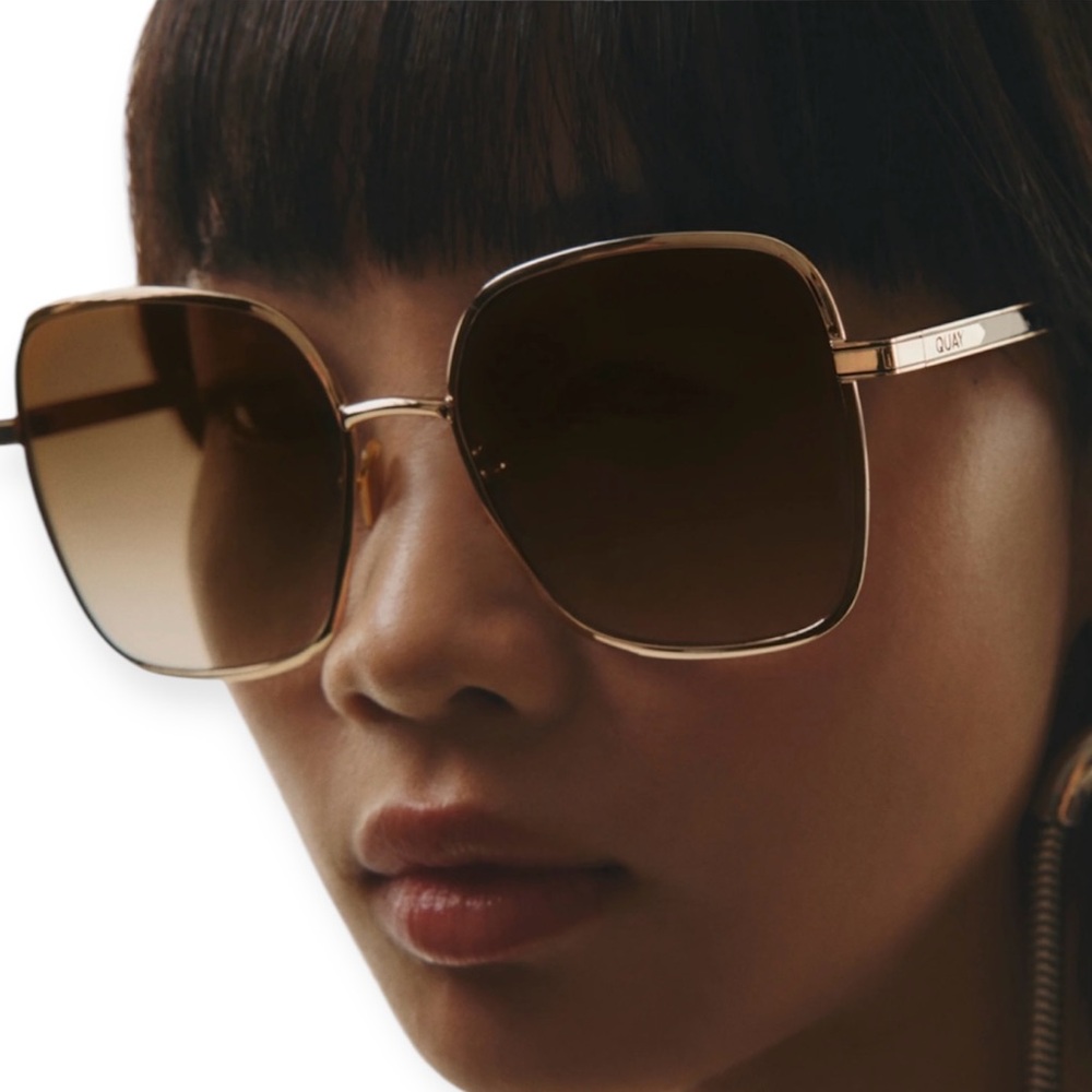QUAY 5th Ave Sunglasses Gold Square Frame Brown Lens Oversized NWT - Picture 2 of 8